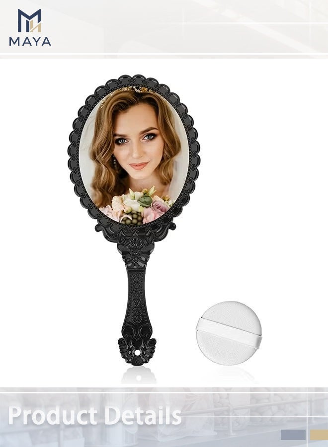 مايا مرآة يدوية بمقبض، مرايا يدوية صغيرة للسفر للنساء، مرايا حقائب يد عتيقة (أسود) - Image 4